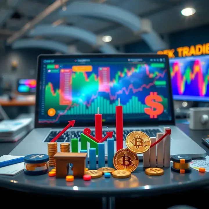 Conceptual representation of financial growth with icons of stocks, forex, cryptocurrency, and goods market