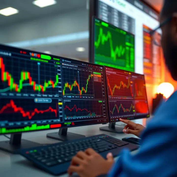 Digital interface displaying various online trading platforms with financial charts and graphs