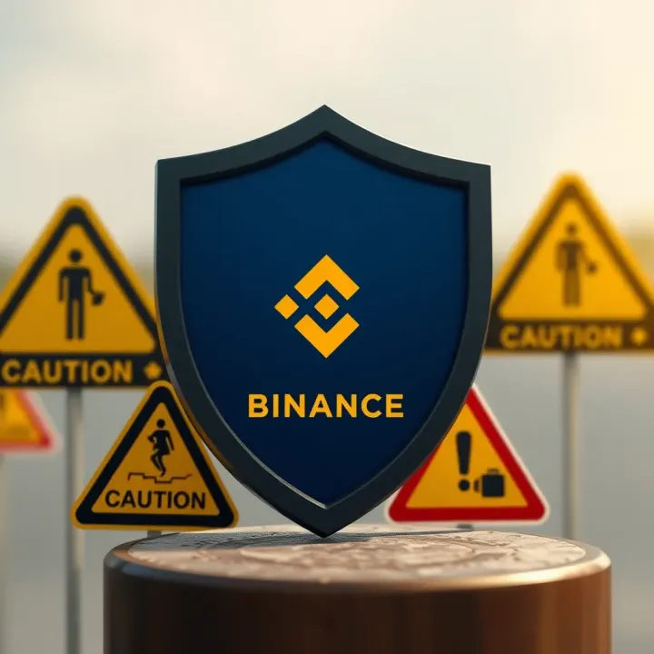 Shield icon symbolizing security with Binance logo and caution signs indicating safe practices in crypto trading communities