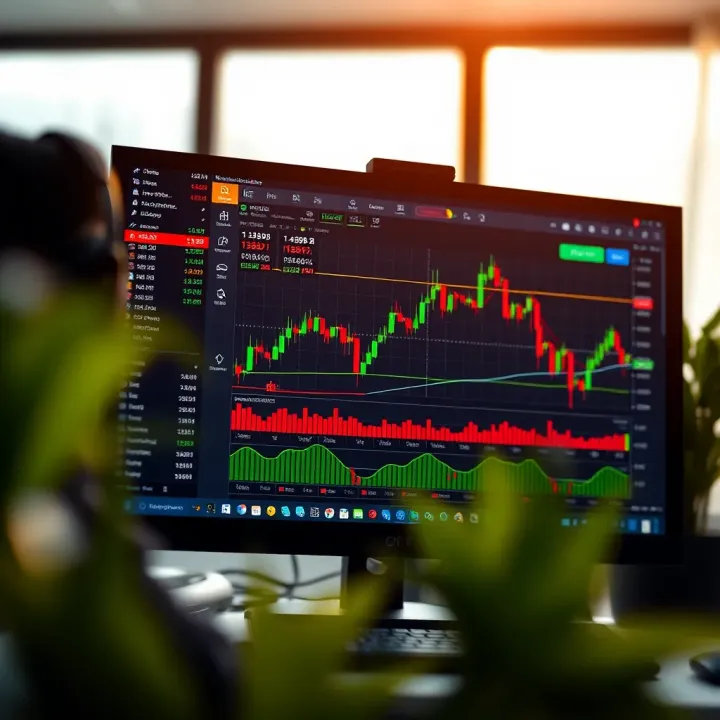 Illustration of a computer screen displaying a binary option trading platform with charts and indicators