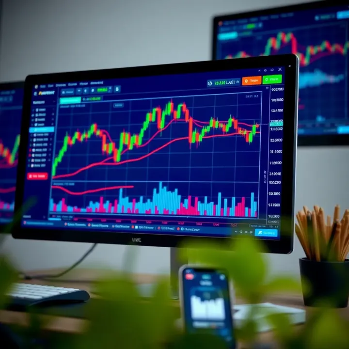 Illustration of a computer screen displaying a binary options trading platform with charts and indicators