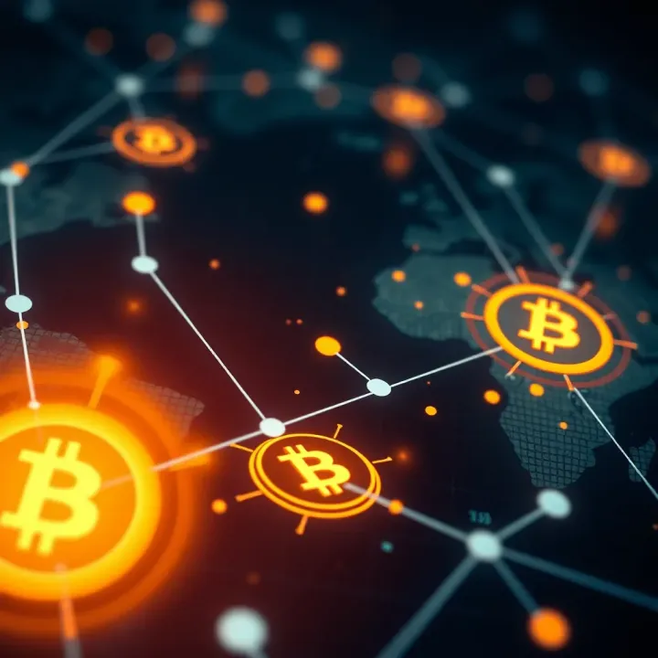 Visual representation of blockchain network with digital currency symbols highlighting global connectivity