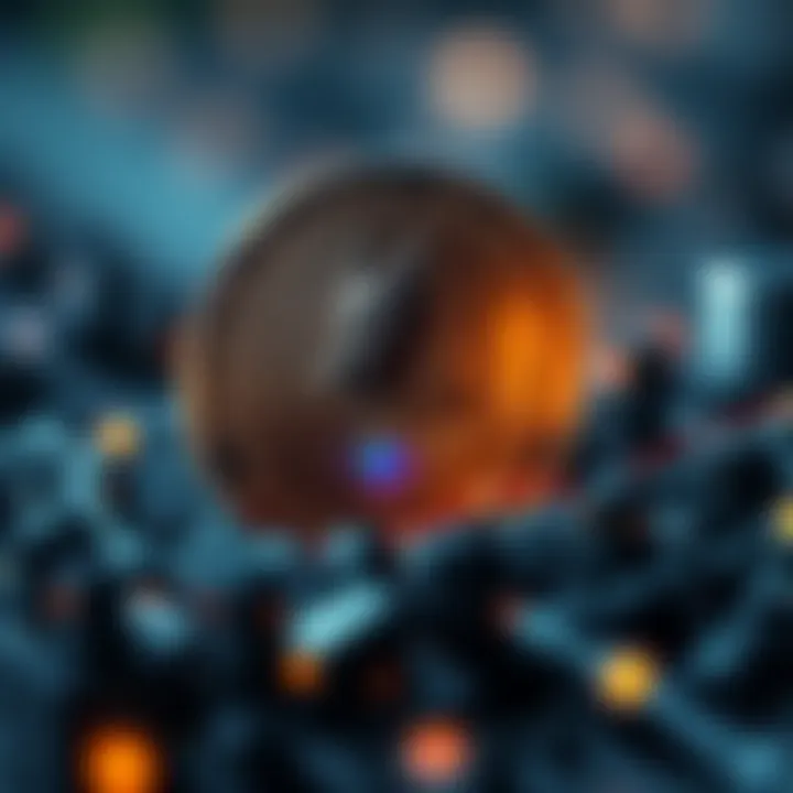 Futuristic digital coin with blockchain symbols representing technological growth