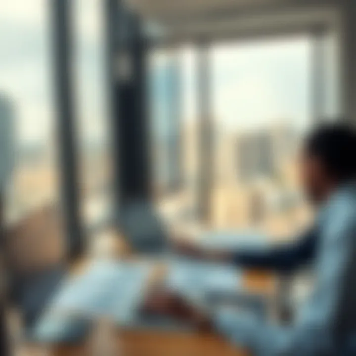 Modern office setting with financial data charts and Lagos cityscape through large windows