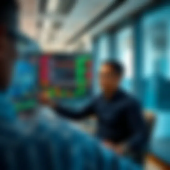 Financial trader analyzing market data on multiple digital screens in a modern office setting