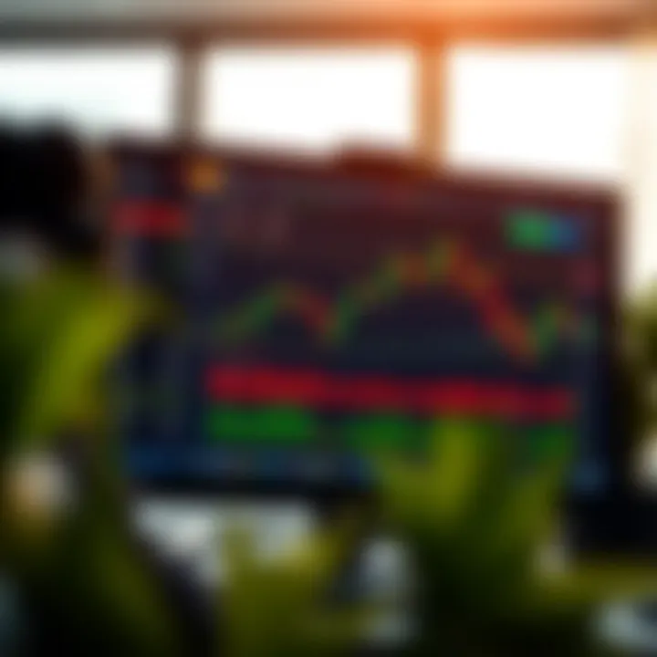 Illustration of a computer screen displaying a binary option trading platform with charts and indicators