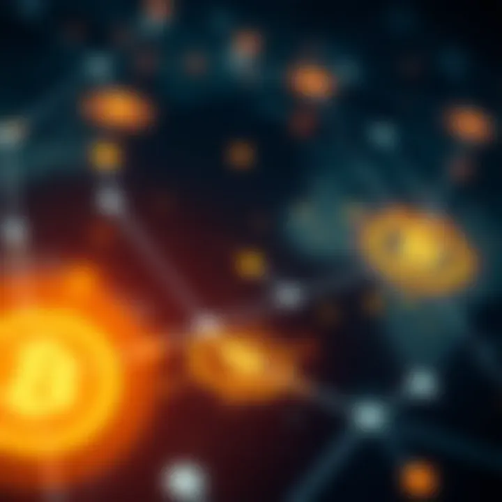Visual representation of blockchain network with digital currency symbols highlighting global connectivity