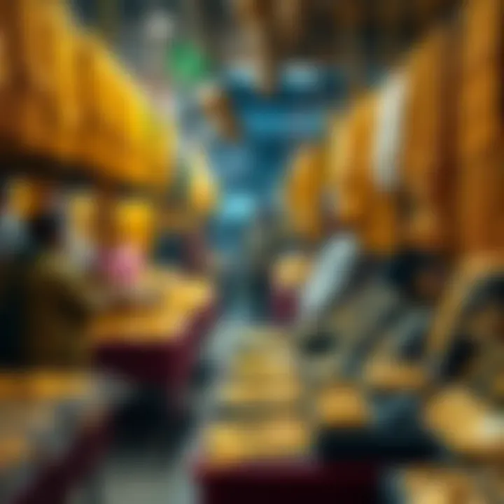 A bustling Nigerian gold market with various gold jewelry displayed on tables