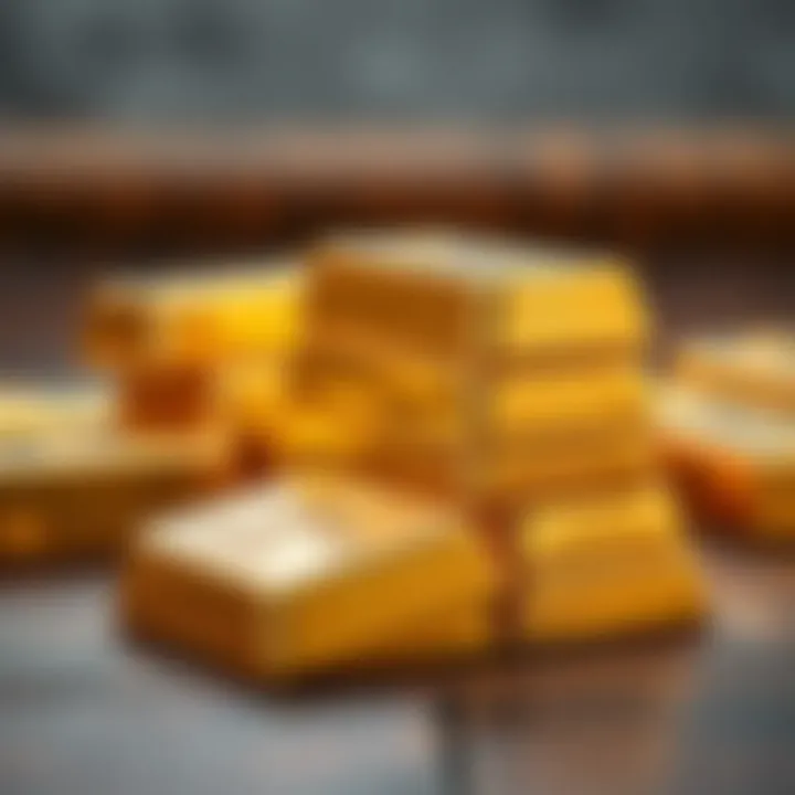 Close-up of shiny gold bars stacked on a wooden surface