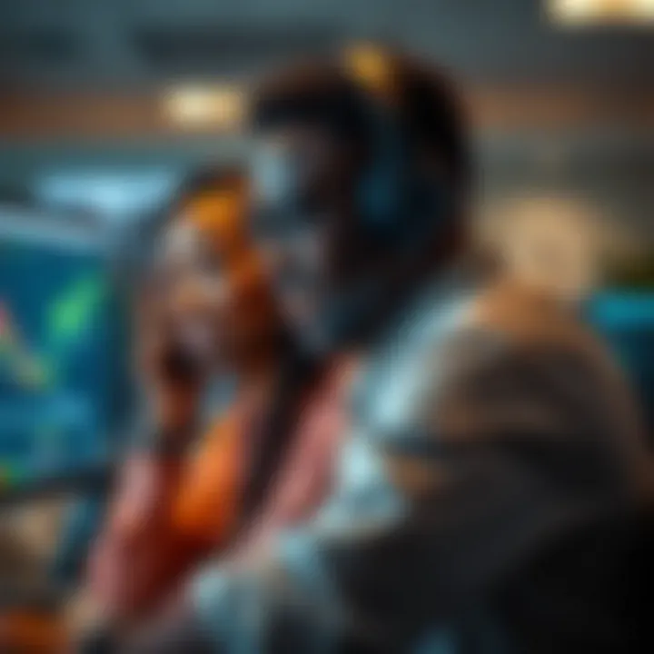 Customer support representative assisting a trader with inquiry over the phone with computer screens in the background