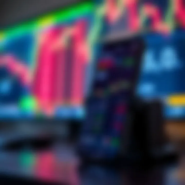 Mobile phone displaying forex trading signals and currency charts on screen