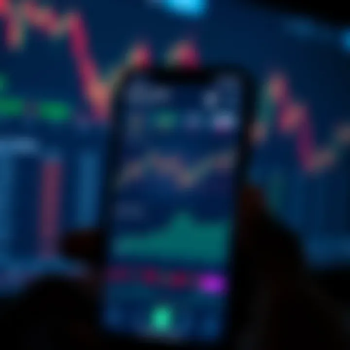 User interface of a mobile trading application displaying stock charts and market trends