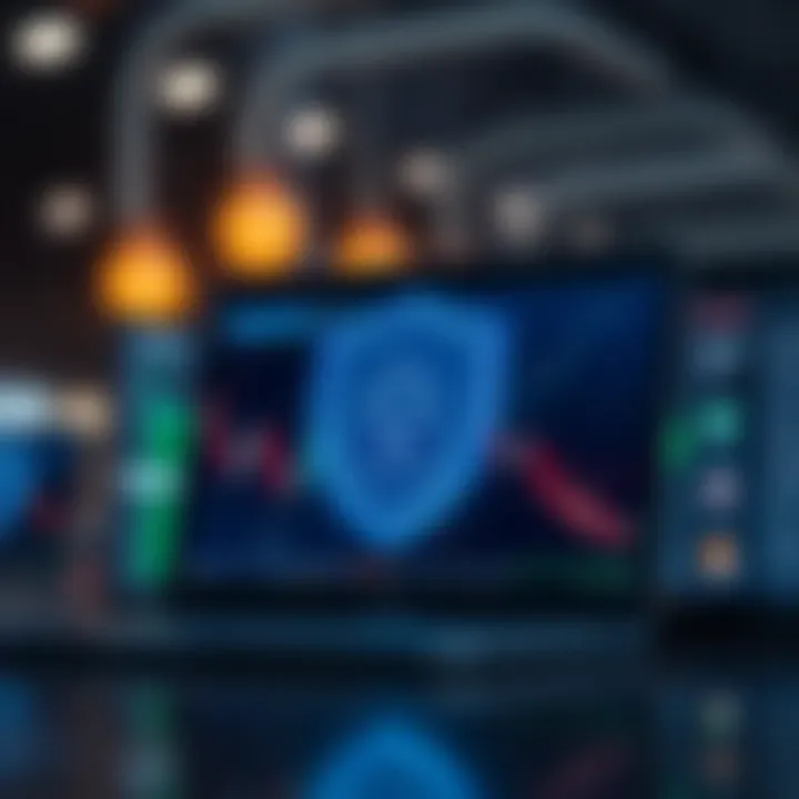 Secure online trading platform symbolized by a digital shield and padlock icons