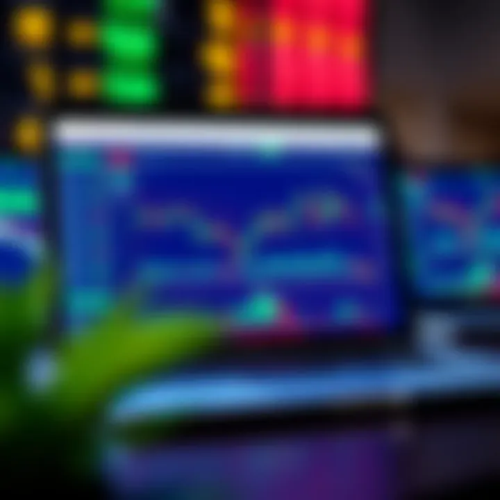 Illustration of a digital trading platform displaying binary options charts and market data on a laptop screen.