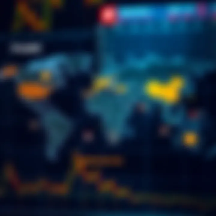 World map highlighting global forex trading sessions with clock icons indicating market open and close times