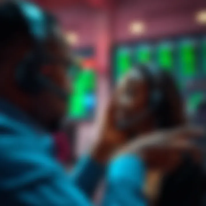 Customer support representative assisting a trader via headset with Nigerian currency symbols