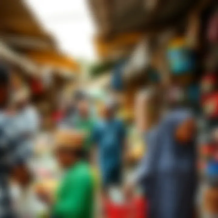 A vibrant outdoor marketplace with various household goods and shoppers interacting