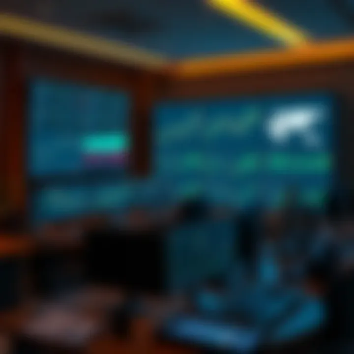 Luxurious office setup with multiple monitors displaying financial trading charts and global market data
