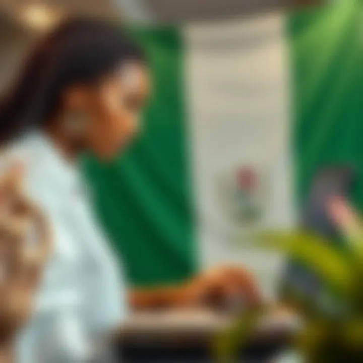 Female forex trader analyzing charts on laptop with Nigerian flag in background