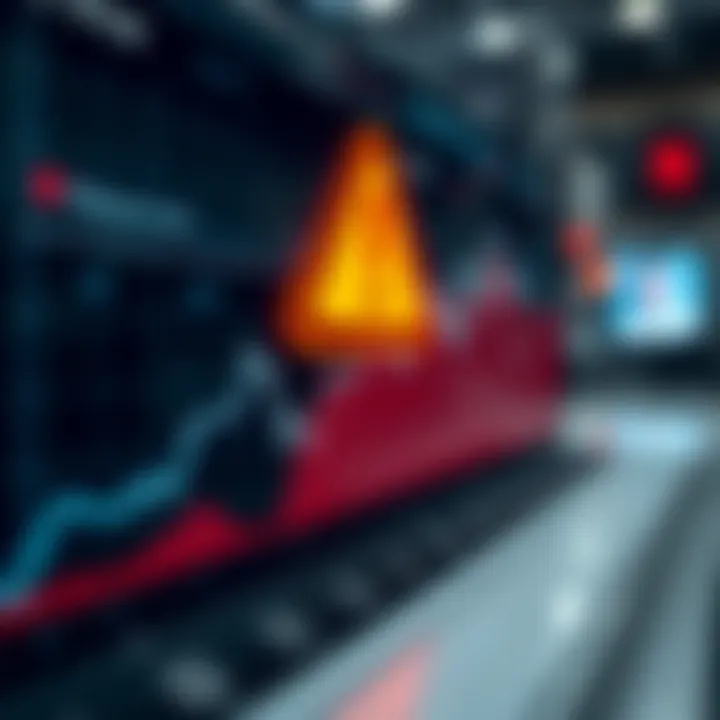 Graph showing financial transaction limits with upward trend and alert symbol