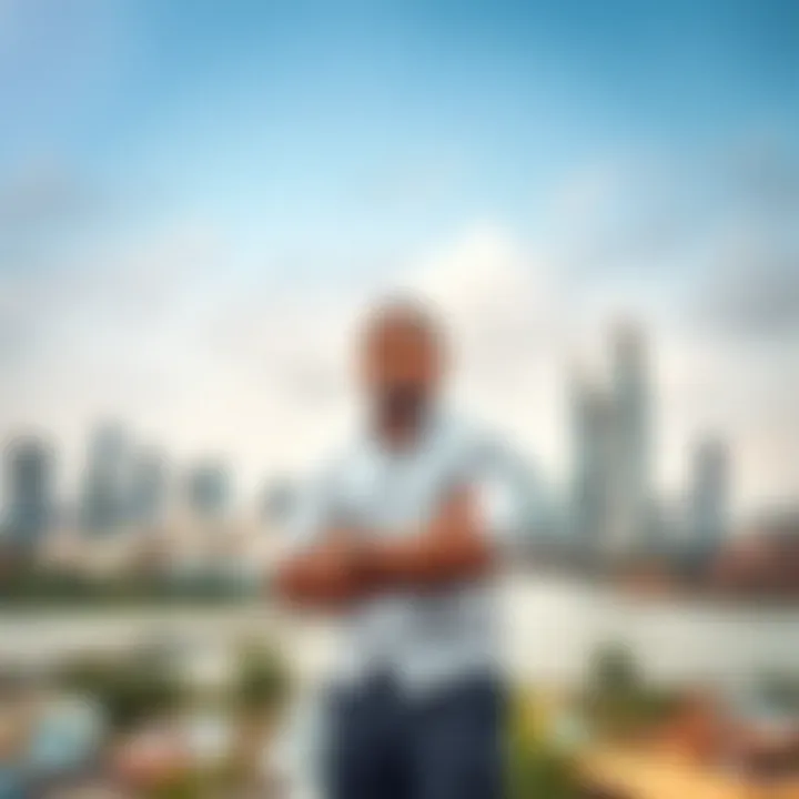 Uche Paragon standing confidently with a backdrop of Lagos city skyline symbolizing success