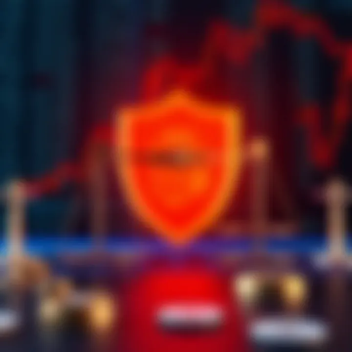 Conceptual graphic showing digital currency symbols with security shield and legal scales