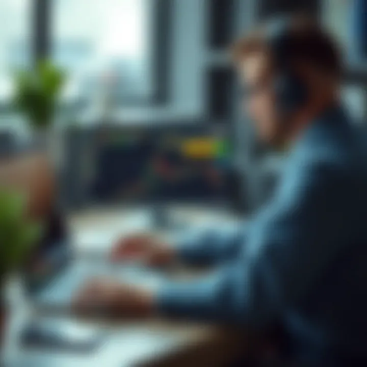 Customer service agent interacting with trader through online chat interface on laptop
