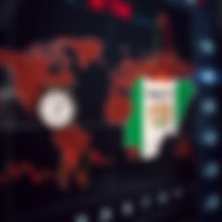 World map highlighting the time difference between New York and Nigeria with clocks showing respective local times