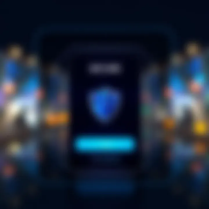 Digital representation of a secure login interface showing a mobile device and shield symbolizing enhanced account protection