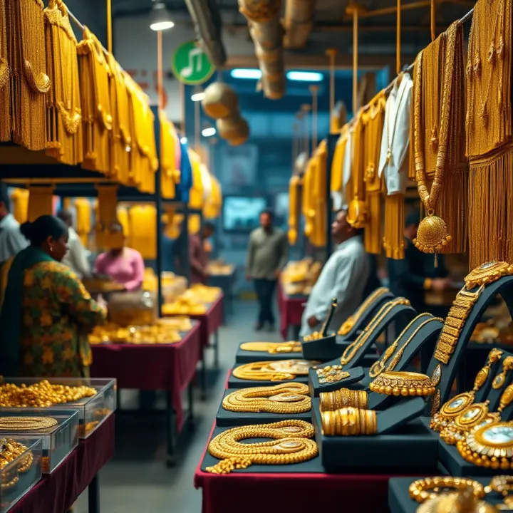 Vibrant Gold Market in Nigeria Known for Competitive Gold Prices A bustling Nigerian gold market with various gold jewelry displayed on tables