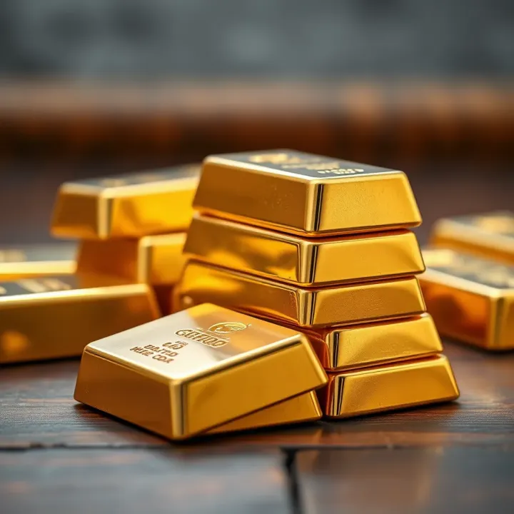 Close-up of shiny gold bars stacked on a wooden surface