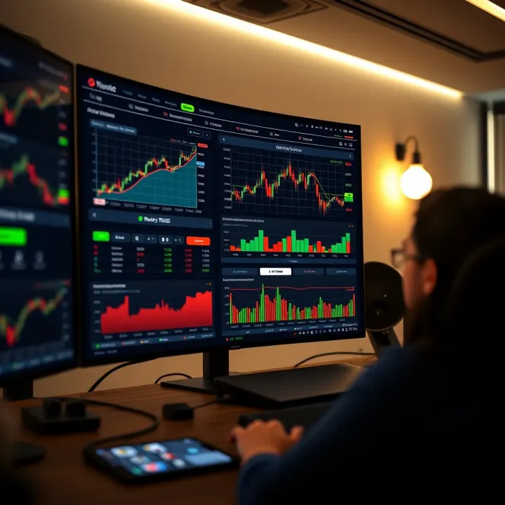 Binary Options Trading Platform Overview Dashboard of a binary options trading platform showing various asset charts and trading tools