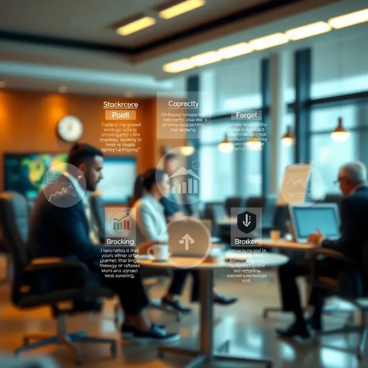 Illustration showing various types of brokers including stockbroker, forex broker, and commodities broker