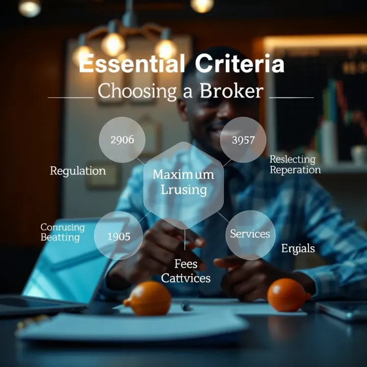 Graphic depicting key factors like regulation, fees, and services in selecting a broker