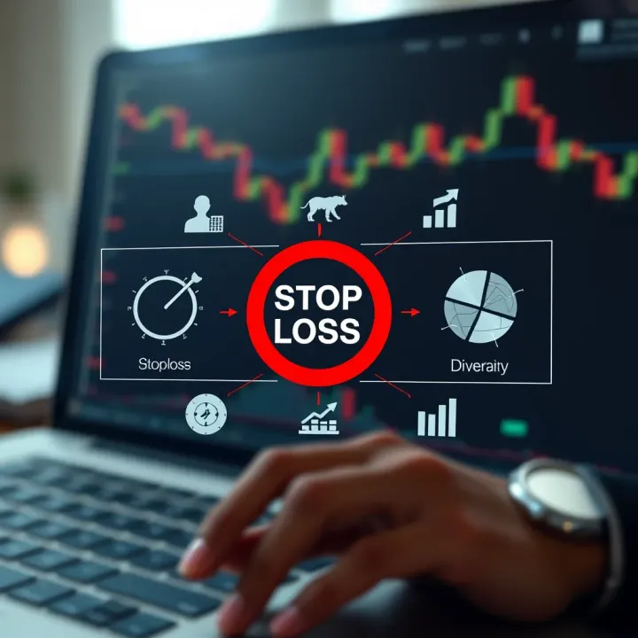 Illustration of risk management strategies including stop loss and diversification icons relevant to trading