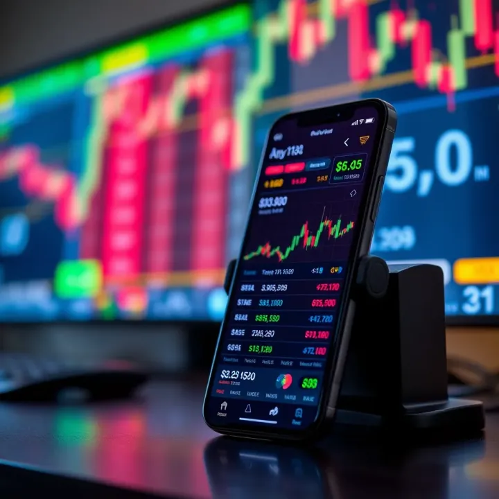 Mobile phone displaying forex trading signals and currency charts on screen