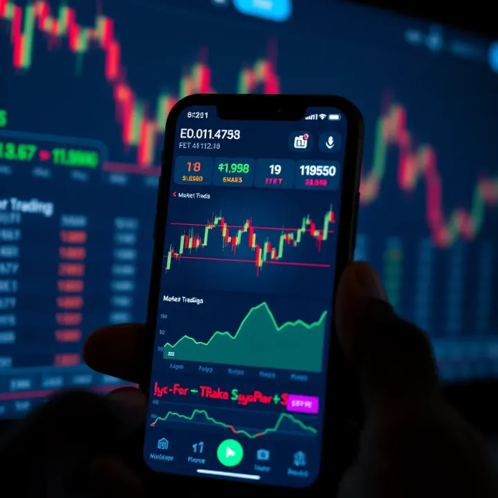 User interface of a mobile trading application displaying stock charts and market trends