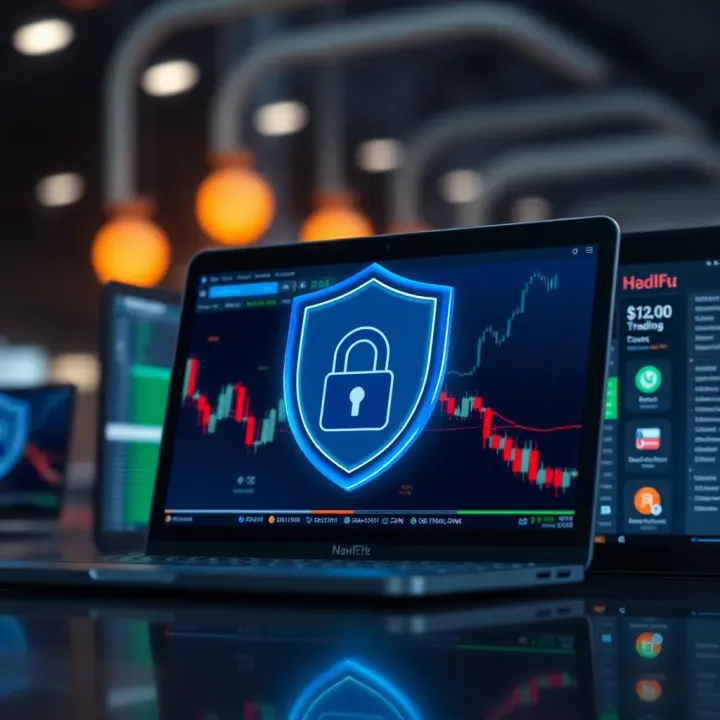Secure Online Trading Platform with Digital Protection Secure online trading platform symbolized by a digital shield and padlock icons