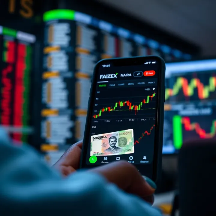 Mobile device displaying forex trading app with Nigerian Naira currency and market charts