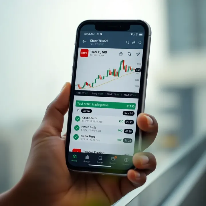 Mobile phone displaying a user-friendly online trading app interface with stock charts and trading options