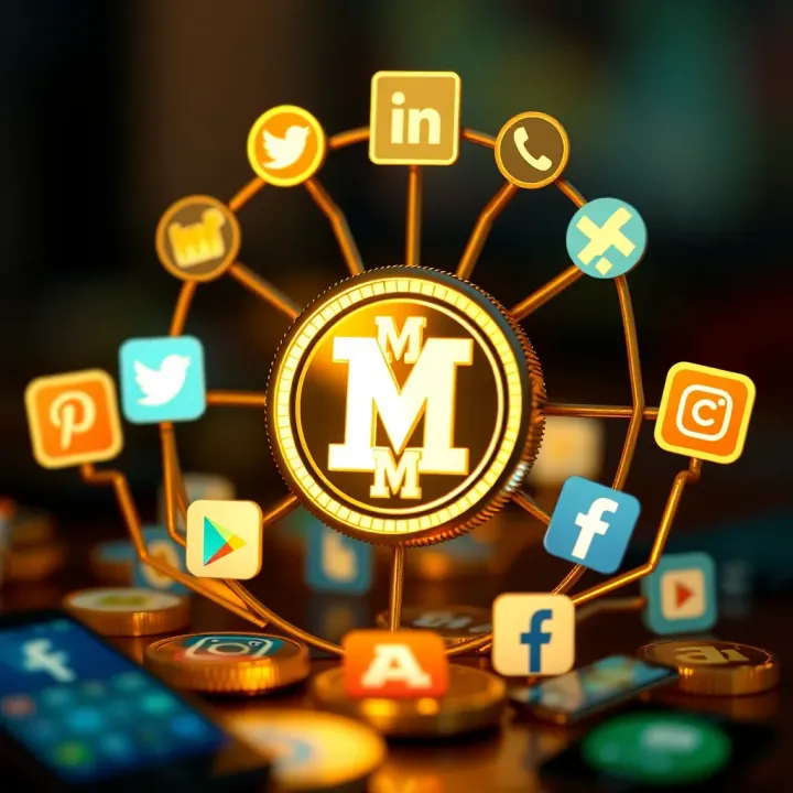 Social media icons surrounding a glowing meme coin representing community influence and hype