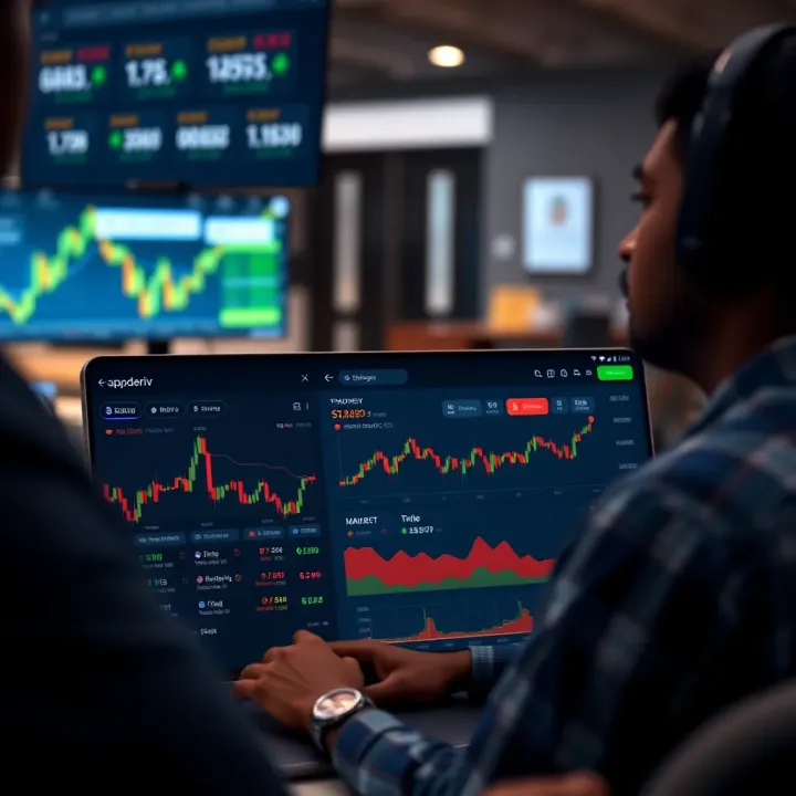 Screenshot of app.deriv platform interface showing trading options and market data