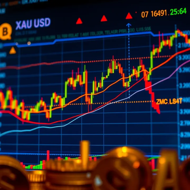 Gold Price Movements and Technical Indicators for XAUUSD Chart showing gold price movements against the US dollar with trend lines and technical indicators