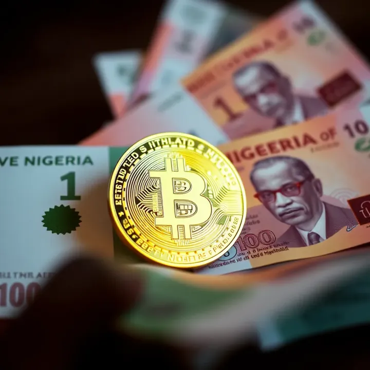 Digital representation of Bitcoin symbol with Nigerian currency notes in the background