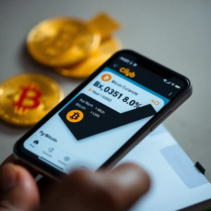 Mobile phone screen showing a cryptocurrency exchange app interface with Bitcoin purchase options