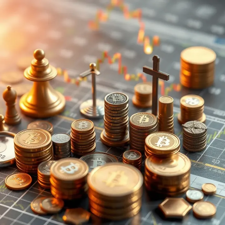 Conceptual illustration of portfolio diversification with various financial assets and currency symbols