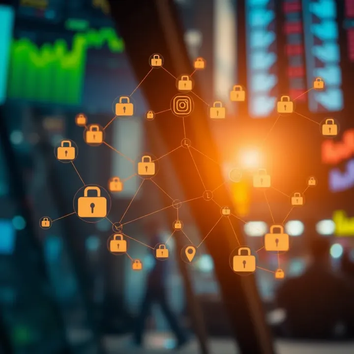 Community and Education in Binary Forex Trading on Instagram A digital network connecting various symbols representing financial markets and community engagement