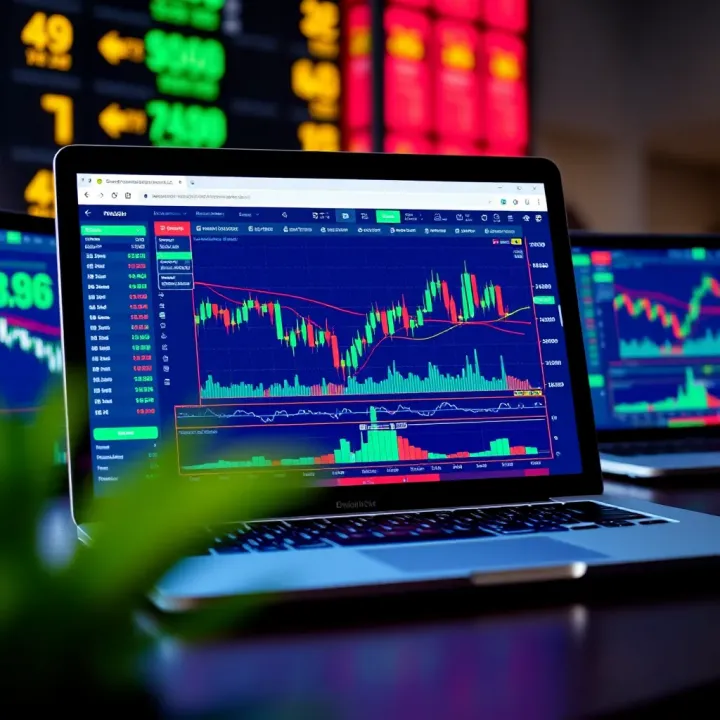 Illustration of a digital trading platform displaying binary options charts and market data on a laptop screen.
