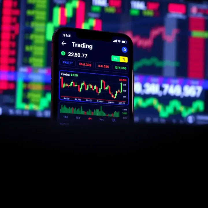Mobile phone screen displaying various financial charts and trading options for stocks, forex, and cryptocurrencies