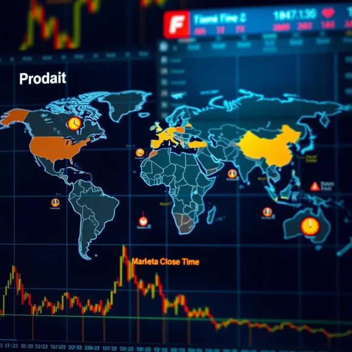 World map highlighting global forex trading sessions with clock icons indicating market open and close times